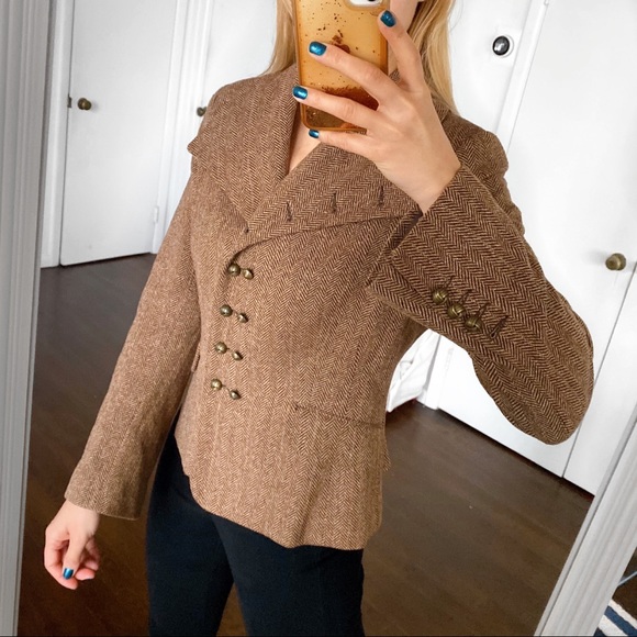 🍂 H&M BROWN HERRINGBONE WOOL BLEND BLAZER JACKET! - Picture 2 of 15